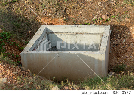 Concrete construction tube pipe. Building a road sewer drain system.  88010527