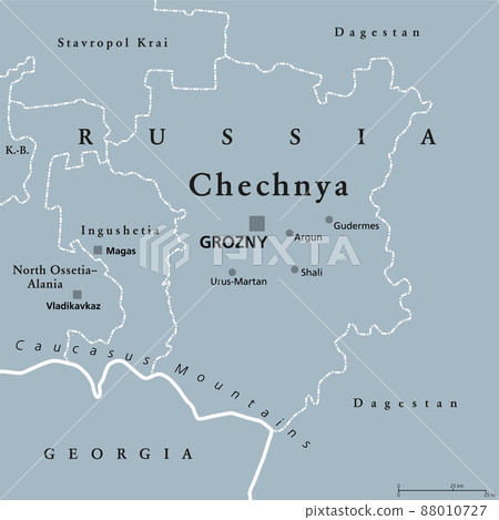 Georgia, gray political map, with capital Tbilisi, and international borders. Republic and transcontinental country in Eurasia, located south of North Caucasus Federal District of Russia. Illustration 88010727