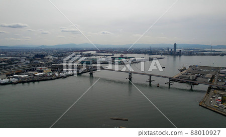 Aerial view of the scenery around the mouth of the Yodo River in Konohana-ku, Osaka with a drone Aerial view of the scenery around the mouth of the Yodo River in Konohana-ku, Osaka with a drone 88010927
