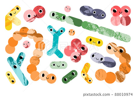 Cute lactic acid bacteria character. Probiotics. Good kawaii microorganism for gut, intestinal flora health. Bifidobacterium, lactobacillus, lactococcus, thermophilus streptococcus. Vector cartoon set Cute lactic acid bacteria character. Probiotics. Good kawaii microorganism for gut, intestinal flora health. Bifidobacterium, lactobacillus, lactococcus, thermophilus streptococcus. Vector cartoon set 88010974