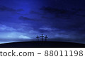 Three crosses on the hill with clouds moving on the starry sky 88011198