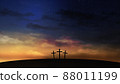 Three crosses on the hill with clouds moving on the starry sky 88011199