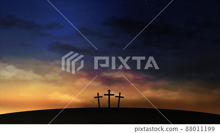 Three crosses on the hill with clouds moving on the starry sky Three crosses on the hill with clouds moving on the starry sky 88011199