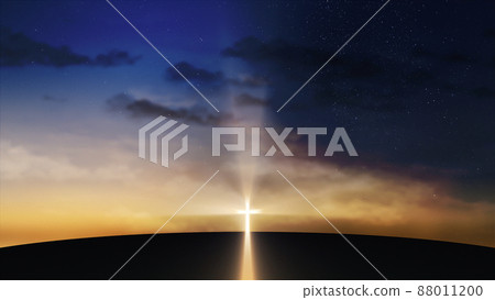 Bright cross on the hill with clouds moving on the starry sky Bright cross on the hill with clouds moving on the starry sky 88011200