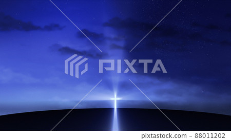 Bright cross on the hill with clouds moving on the starry sky Bright cross on the hill with clouds moving on the starry sky 88011202