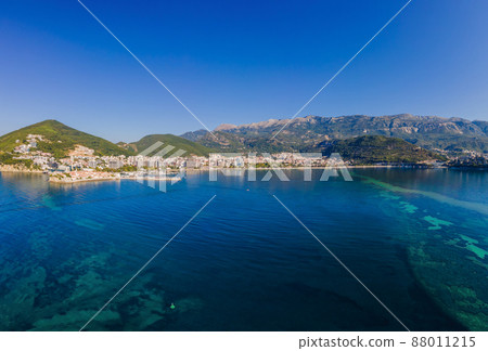 Aerophotography. View from flying drone. Panoramic cityscape of Budva, Montenegro. Top View. Beautiful destinations Aerophotography. View from flying drone. Panoramic cityscape of Budva, Montenegro. Top View. Beautiful destinations 88011215