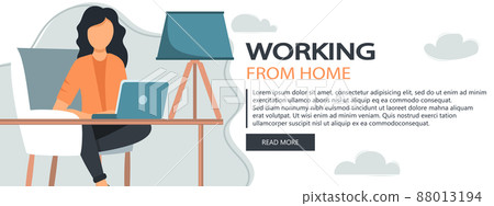 Home office concept, woman working from home, student or freelancer. Vector illustration in flat style. Website banner 88013194