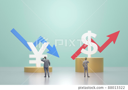 Concept image of weak yen and strong dollar / Businessman pondering over fluctuating exchange rates 88013322