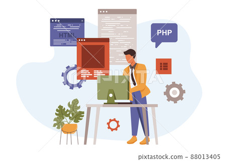 Programmer working in flat design. People... - Stock Illustration ...