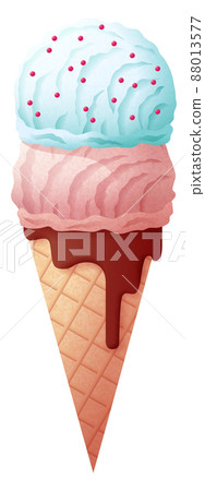 Ice cream cone. Fruit balls in waffle with chocolate dripping 88013577