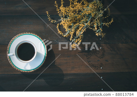 Background image of mimosa and coffee Table texture of old wood Background image of mimosa and coffee Table texture of old wood 88013784