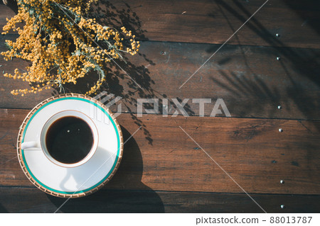 Background image of mimosa and coffee Table texture of old wood Background image of mimosa and coffee Table texture of old wood 88013787