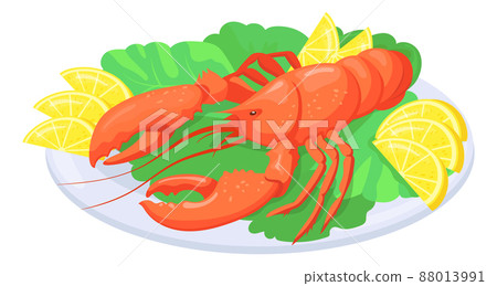 Cooked lobster on plate. Cartoon seafood dish 88013991