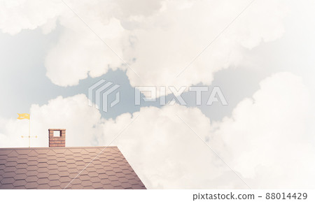 House roof as concept of suburbian real estate and construction. Mixed media House roof as concept of suburbian real estate and construction. Mixed media 88014429