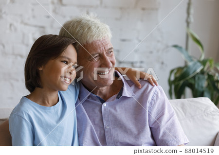 Peaceful elderly grandfather and little grandson hugging looking into distance Peaceful elderly grandfather and little grandson hugging looking into distance 88014519