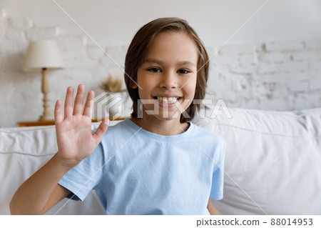Cute little boy sit on couch wave hand start videocall 88014953