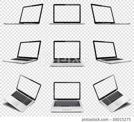 Collection laptops with transparent screen on transparent background. Perspective, top and front laptop view with transparent screen. 88015275