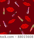 Red lips and trendy red lipstick Seamless pattern on dark background. Cosmetics, girly, fashion, makeup repeat design. 88015608