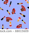 Red lips, lipstick and nail varnish Seamless pattern on blue background. Cosmetics, girly, fashion, makeup repeat design. 88015609