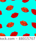 Red lips print on turquoise background Seamless pattern. Romantic background. 88015707