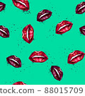 Seamless pattern watercolour Red lips on green background. Valentines day background 88015709