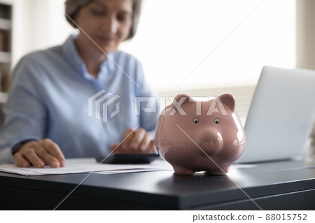 Older woman calculates monthly costs, forefront view piggybank on desk Older woman calculates monthly costs, forefront view piggybank on desk 88015752