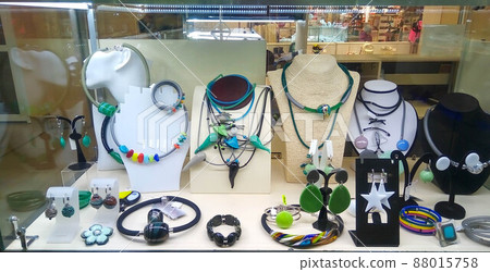 A shop window with many different decorations. A shop window with many different decorations. 88015758