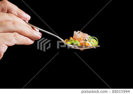 Corvina ceviche spoon with accompaniment Corvina ceviche spoon with accompaniment 88015994