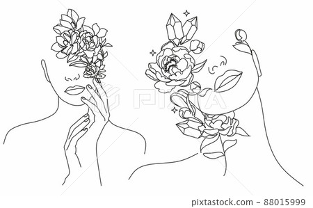 Woman face with flowers Line art. Elegant Feminine Beauty Logo. Abstract face with plants by one line drawing. Portrait minimalistic style. Botanical print. Nature symbol of cosmetics.  88015999