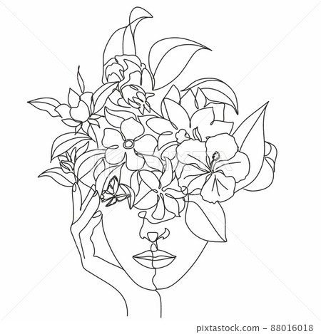 Woman face with flowers Line art. Elegant Feminine Beauty Logo. Abstract face with plants by one line drawing. Portrait minimalistic style. Botanical print. Nature symbol of cosmetics. Woman face with flowers Line art. Elegant Feminine Beauty Logo. Abstract face with plants by one line drawing. Portrait minimalistic style. Botanical print. Nature symbol of cosmetics. 88016018