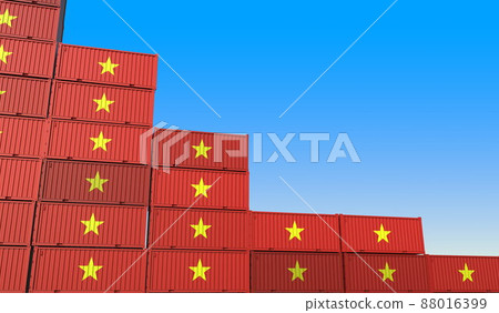 Many containers with flag of Vietnam represent decreasing trend. Economic or industrial crisis concept. 3D rendering 88016399