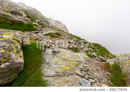 steep slopes of fagaras mountains in fog. huge rocks on grassy hills. travel romania in summer steep slopes of fagaras mountains in fog. huge rocks on grassy hills. travel romania in summer 88017604