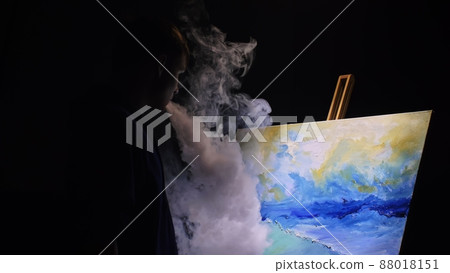 Artist copyist paint seascape with ship in ocean. Vaper smoke vape e-cigarette. Craftsman decorator draw as boat sail on blue sea with acrylic color. 88018151