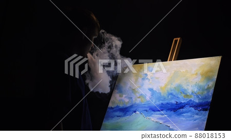 Artist copyist paint seascape with ship in ocean. Vaper smoke vape e-cigarette. Craftsman decorator draw as boat sail on blue sea with acrylic color. Artist copyist paint seascape with ship in ocean. Vaper smoke vape e-cigarette. Craftsman decorator draw as boat sail on blue sea with acrylic color. 88018153