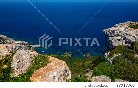 Green mountainous coast of the Mediterranean Sea on the Akamas Peninsula in the northwest of the island of Cyprus. Green mountainous coast of the Mediterranean Sea on the Akamas Peninsula in the northwest of the island of Cyprus. 88018306