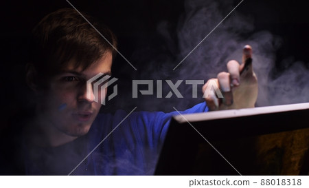 Artist copyist paint seascape with ship in ocean. Vaper smoke vape e-cigarette. Craftsman decorator draw as boat sail on blue sea with acrylic color. Artist copyist paint seascape with ship in ocean. Vaper smoke vape e-cigarette. Craftsman decorator draw as boat sail on blue sea with acrylic color. 88018318