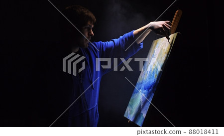 Artist copyist paint seascape with ship in ocean. Vaper smoke vape e-cigarette. Craftsman decorator draw as boat sail on blue sea with acrylic color. Artist copyist paint seascape with ship in ocean. Vaper smoke vape e-cigarette. Craftsman decorator draw as boat sail on blue sea with acrylic color. 88018411