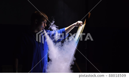 Artist copyist paint seascape with ship in ocean. Vaper smoke vape e-cigarette. Craftsman decorator draw as boat sail on blue sea with acrylic color. Artist copyist paint seascape with ship in ocean. Vaper smoke vape e-cigarette. Craftsman decorator draw as boat sail on blue sea with acrylic color. 88018509