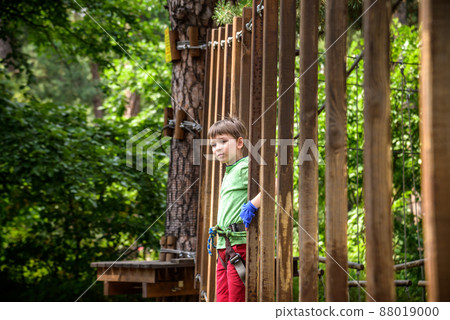 Strong excited young boy playing outdoors in rope park. Caucasian child dressed in casual clothes and sneakers at warm sunny day. Active leisure time with children concept Strong excited young boy playing outdoors in rope park. Caucasian child dressed in casual clothes and sneakers at warm sunny day. Active leisure time with children concept 88019000