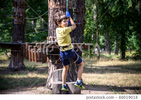 Strong excited young boy playing outdoors in rope park. Caucasian child dressed in casual clothes and sneakers at warm sunny day. Active leisure time with children concept 88019018