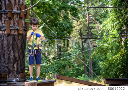 Strong excited young boy playing outdoors in rope park. Caucasian child dressed in casual clothes and sneakers at warm sunny day. Active leisure time with children concept Strong excited young boy playing outdoors in rope park. Caucasian child dressed in casual clothes and sneakers at warm sunny day. Active leisure time with children concept 88019022