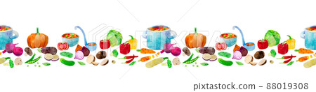 Hand-drawn watercolor vegetable soup seamless ornament border line. Ingredients such as carrot, beetroot, cabbage and chili. For farmers market, products design, stickers or postcards Hand-drawn watercolor vegetable soup seamless ornament border line. Ingredients such as carrot, beetroot, cabbage and chili. For farmers market, products design, stickers or postcards 88019308