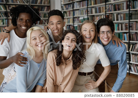 Portrait of bonding happy friendly young multiethnic college students. 88020085