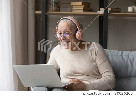 Older woman lead conversation through video conference use laptop Older woman lead conversation through video conference use laptop 88020206