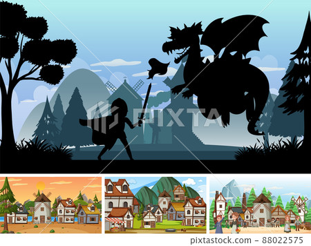 Set of different scene medieval with silhouette Set of different scene medieval with silhouette 88022575