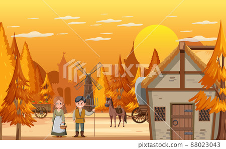 Medieval town scene with villagers Medieval town scene with villagers 88023043