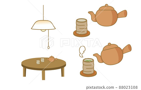 Illustration of a low table, a teapot, and a light with a teacup string, Showa retro, pouring tea Illustration of a low table, a teapot, and a light with a teacup string, Showa retro, pouring tea 88023108