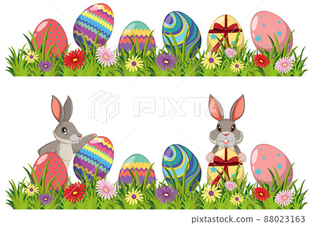 Decorated eggs and bunny on green grass - Stock Illustration [88023163 ...