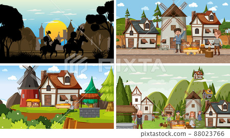 Set of different scene medieval with silhouette 88023766