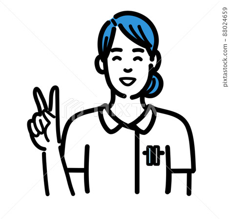 一個穿著實驗室外套的年輕女子，帶著微笑和和平標誌 88024659